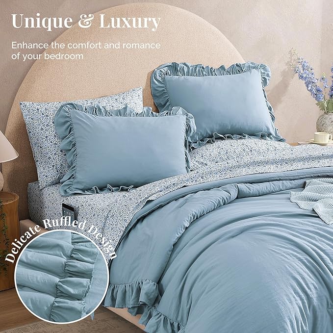 California King Comforter Set - 7 Pieces Ruffle Blue Bedding Sets, Shabby Chic Farmhouse Bed in a Bag with Ruffle Comforter, Floral Sheets, Pillowcases & Shams