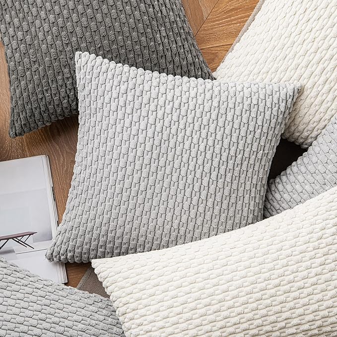 MIULEE Pack of 2 Decorative Throw Pillow Covers 16x16 Inch Soft Boho Striped Textured Corduroy Pillow Covers Modern Farmhouse Home Decor for Couch Bed Sofa Living Room Light Grey