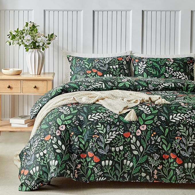 Lekesky King Size Reversible Duvet Cover, Duvet Cover King Size 3 Piece Romantic Garden Microfiber Botanical Bedding Set with Zipper Closure Corner Ties