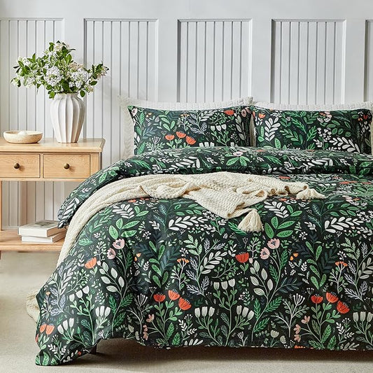 Lekesky Queen Size Reversible Duvet Cover, Duvet Cover Queen Size 3 Piece Romantic Garden Microfiber Botanical Bedding Set with Zipper Closure Corner Ties