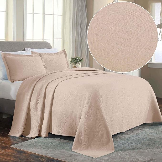 Superior 2 Piece Celtic Circles Cotton Bedspread Set, Decorative Bed Spread, Home Bed Decor, 1 Pillow Sham, Medium Weight Blanket, Matelasse Coverlet Bedding, Wedding Ring Design, Twin, Bisque