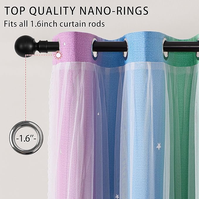 XiDi Blackout Curtains for Girls Bedroom Decor 63 Inches Long Window Curtains Colorful Rainbow Design 2 Panel, Kids Room Unicorn Princess Theme Home Decor Ombre Drapes Green Purple Blue W34 X L63