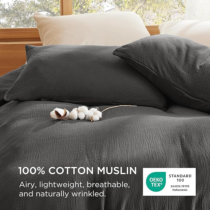Bedsure 100% Muslin Cotton Duvet Cover Queen Size - Ultra-Soft, Breathable & Lightweight - Linen Like Gauze Comforter Cover Set with Button Closure and Corner Ties (Dark Grey, Queen, 90"x90")