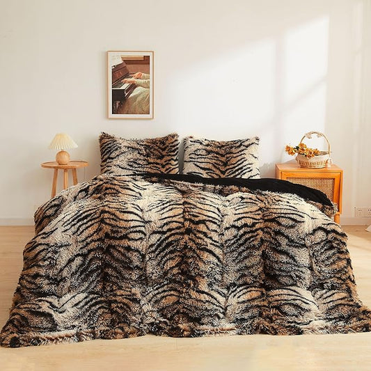 XeGe Tiger Print Fluffy Faux Fur Duvet Cover Set, 2 Pieces Soft Plush Shaggy Fuzzy Bedding Set(1 Faux Fur Comforter Cover + 1 Furry Pillowcase), Zipper Closure(Twin, Tiger Print Brown)