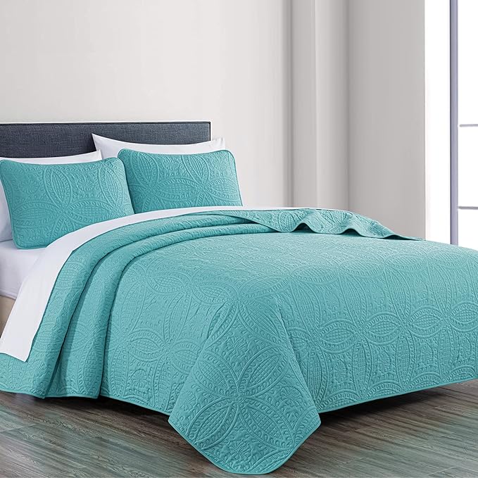 Chezmoi Collection Austin 3-Piece Oversized Bedspread Coverlet Set (Queen, Turquoise) (Pack of 6)