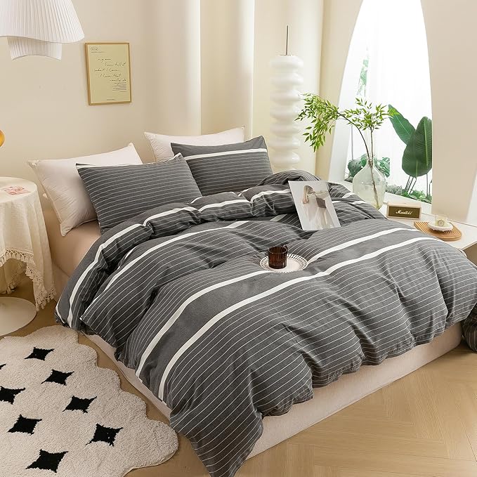 ECOCOTT 3 Pieces Duvet Cover Queen Size, 100% Washed Cotton 1 Duvet Cover with Zipper and 2 Pillowcases, Ultra Soft and Easy Care Breathable Cozy Simple Style Bedding Set(Grey Striped)