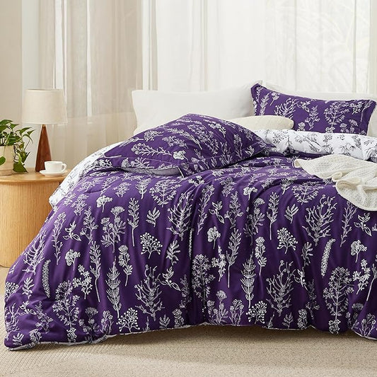Bedsure California King Comforter Set - Dark Purple Bed Set, 3 Pieces Cute Floral Bedding, 1 Soft Reversible Botanical Flowers Comforter and 2 Pillow Shams