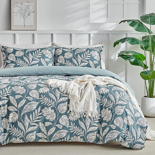 Lekesky Duvet Cover King Size, Reversible Teal Blue Floral Comforter Cover Set King Size 3pc, Soft 100% Washed Microfiber Breathable Bedding Sets with Zipper Ties and 2 Pillowcases