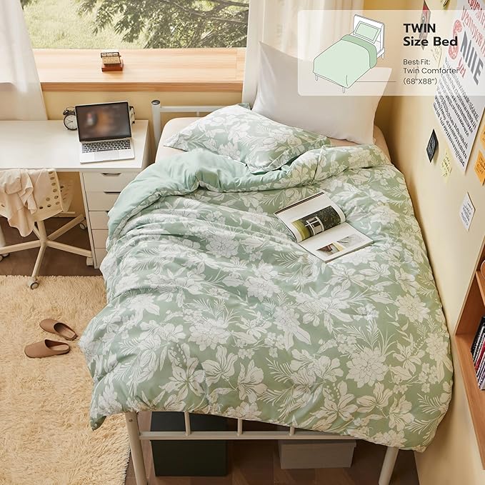 Joiedomi Twin Comforter Set Sage Green, 2 Pieces Floral Twin Bedding Set with 1 Soft Reversible Botanical Flower Comforter and 1 Pillow Sham, Bed in a Bag for All Seasons