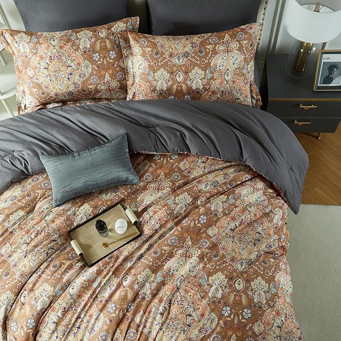 Cupocupa King Duvet Cover Set - 3pc Boho Paisley Floral Bedding - Vintage Botanical Leaf Print Soft Microfiber - All-Season Breathable Quilt Cover with Zipper & Corner Ties (King, 104"x90")