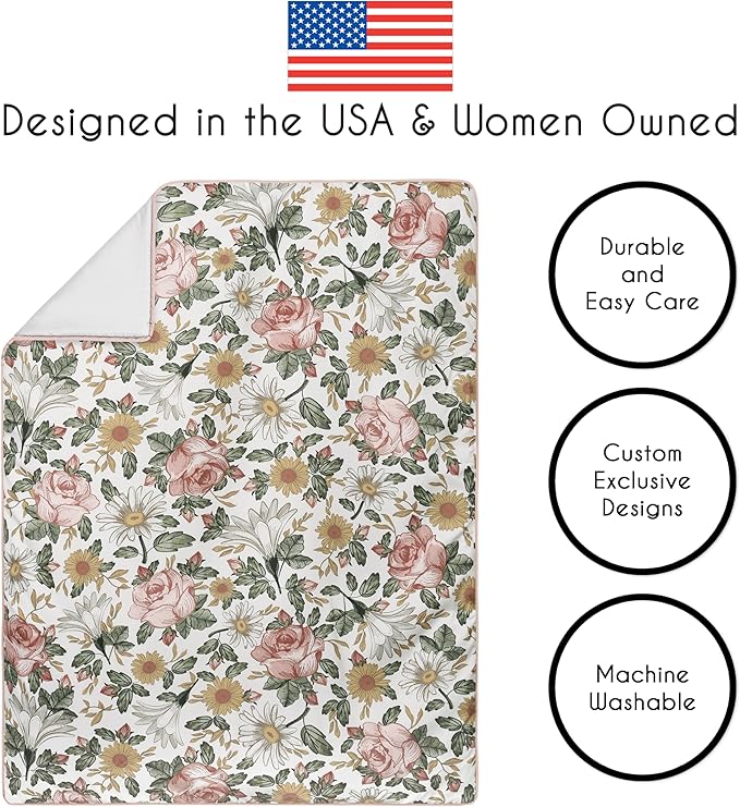 Sweet Jojo Designs 5-Piece Baby Crib Bedding Set (Boho Vintage Floral) for Girls, Infants/Nursery incl. Blanket, Fitted Sheet and Crib Skirt (Bohemian, Shabby Chic, Rose Flower, Farmhouse, Pink/Green)