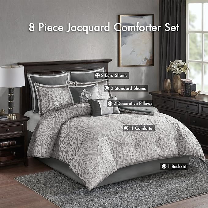 Madison Park Odette Cozy Comforter Set Jacquard Damask Medallion Design - Modern All Season, Down Alternative Bedding, Shams, Decorative Pillows, Queen(90 in x 90 in), Silver 8 Piece