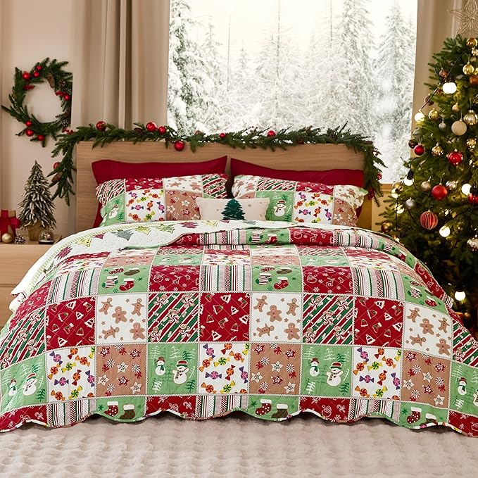 Bedsure Christmas Quilt Queen Size - Red Quilts for Queen Size Bed, Multicolor Patchwork Printed Pattern Christmas Bedding, Soft Lightweight Coverlet Bedspread (90"x96")
