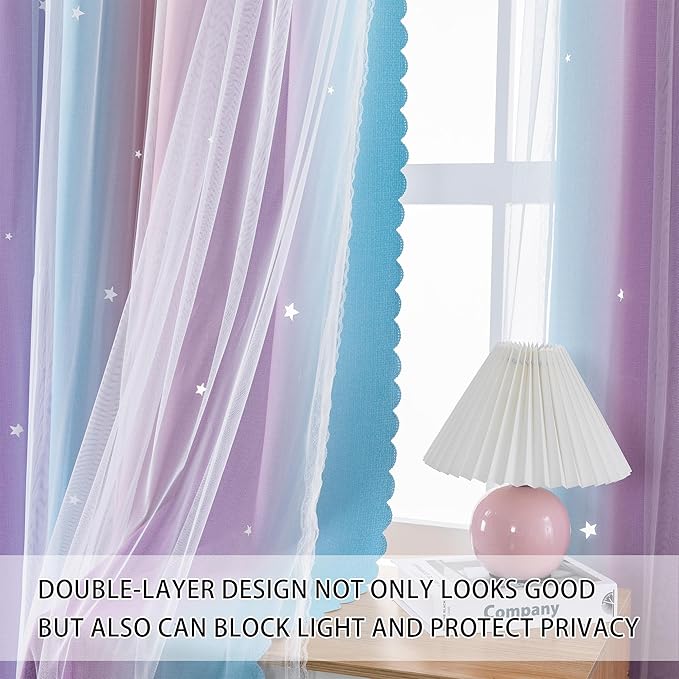 XiDi Girls Curtains for Bedroom Decor 108 Inches Long Colorful Rainbow Star Blackout Curtains for Kids Princess Nursery Room Unicorn Wall Decor Ombre Grommet Drapes Pink Purple W52 X L108 2 Panels