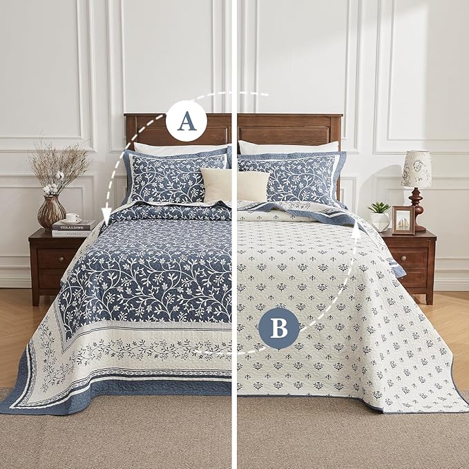 Oversized Queen Bedspread Set - 100% Cotton Lightweight Quilted Coverlet - Soft Reversible Bedding, Botanical Floral Design - Includes 1 Bedspread (102x120) & 2 Pillow Shams - Grayish-Blue