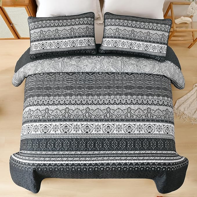 WONGS BEDDING Boho Queen Quilt Set, Black Bohemian Quilt Bedding Set, Lightweight Bed Decor Bedspread for All Season Reversible Microfiber Coverlet Bedding Set 96"x90"(3 Pieces)