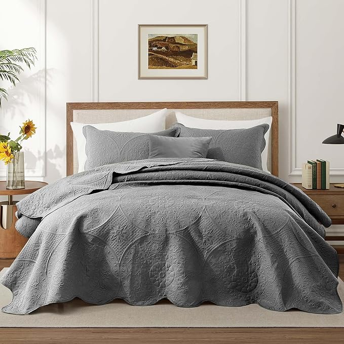 MOONLIGHT20015 8 Pack Quilt King Size Bedding (106" x 96") - Bulk Wholesale for Hotels, Guest Bedroom & Airbnbs - Lightweight Microfiber Reversible Floral Embossed Quilts Bedspreads (Grey)