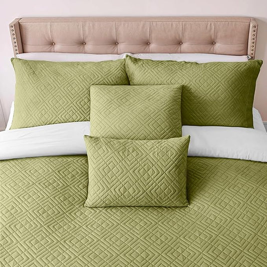 Hearth & Harbor Twin Quilt Set – All-Season Lightweight Bedspread & Coverlet with Pinsonic Weave - 5 Piece Twin Quilt Set with Pillow Shams, Olive Green - Twin Diamond
