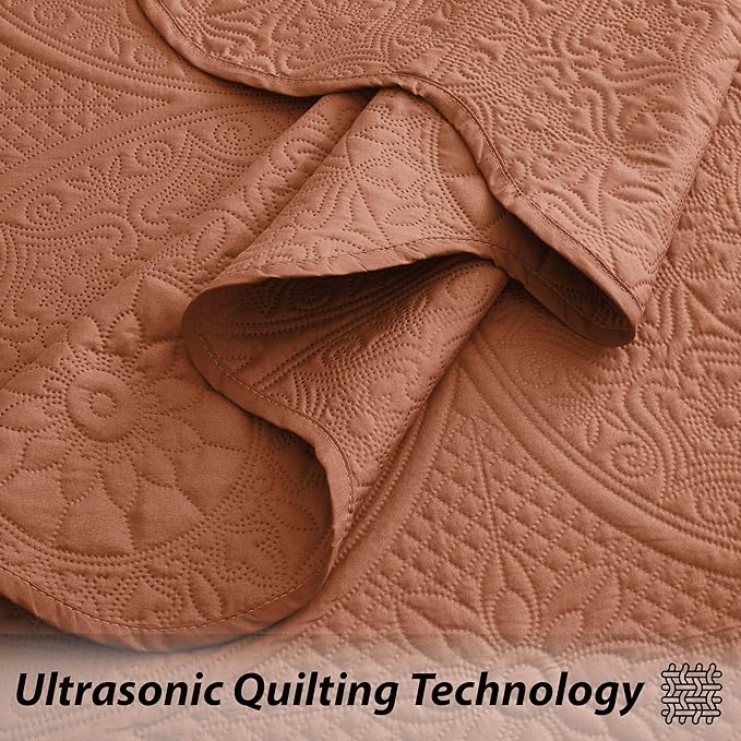 MOONLIGHT20015 Twin Quilt Bedding Set Size (66" x 86 ") + 1 Pillow Shams (20" x 26" + 2") - 2 Pcs All Season Lightweight Reversible Microfiber Coverlet Floral Embossed Quilt Bedspread (Rust)