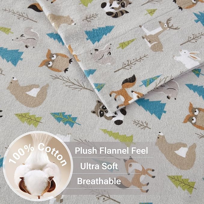 True North by Sleep Philosophy Cozy Flannel Warm 100% Cotton Sheet - Novelty Print Animals Stars Cute Ultra Soft Cold Weather Bedding Set, Twin, Multi Forest Animals 3 Piece
