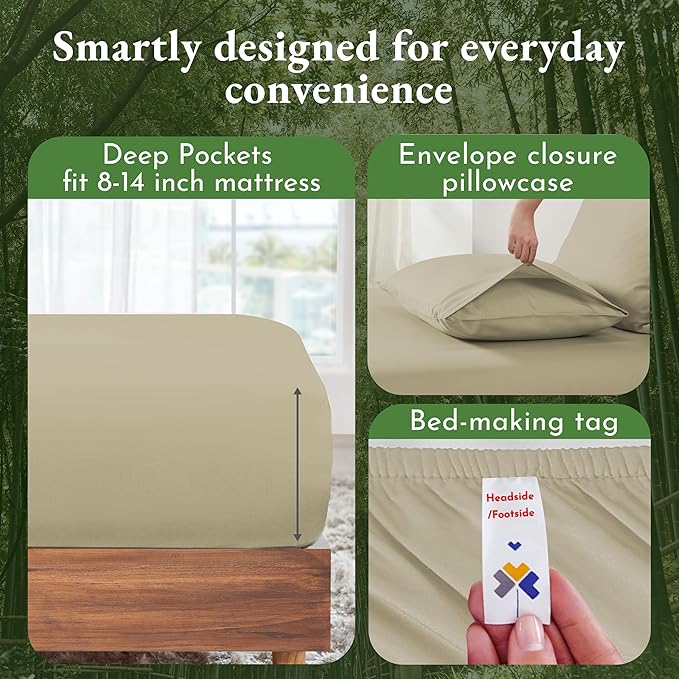 California Design Den Twin Bed Sheets Set - Luxury Rayon from Bamboo Twin Sheet Set with Deep Pockets, Cool and Durable Bedding - Beige