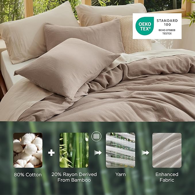 Bedsure Muslin Duvet Cover Queen Size - Cotton Blend Rayon Derived from Bamboo, Cooling Duvet Covet for Hot Sleepers - Ultra-Soft & Breathable Bedding Set for All Seasons(Khaki, 90"x90")