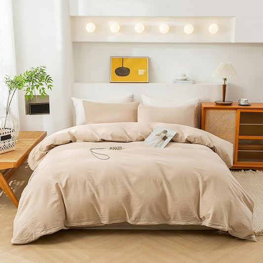 ECOCOTT Duvet Cover Set, 100% Washed Cotton Linen-Like Textured Soft & Breathable, Durable Comfy Bedding Set for All Seasons (Khaki, Super Queen)