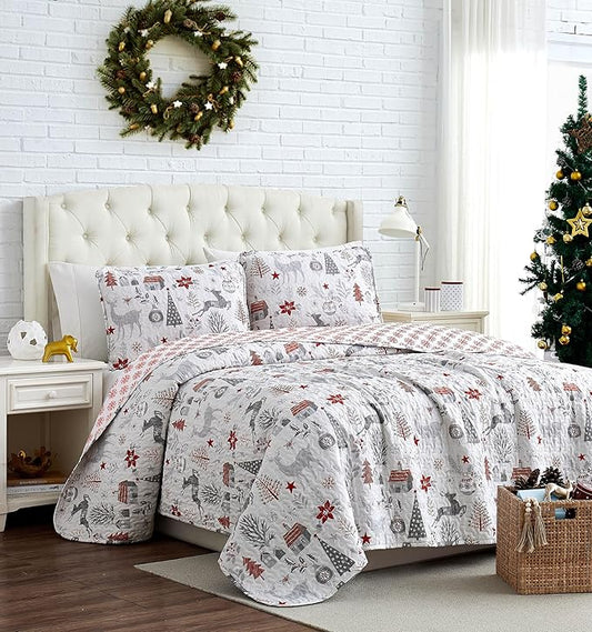 Southshore Fine Living, Inc. Holly Jolly Christmas Quilts Queen Size, Christmas Bedding Set 3-Piece Oversized Holiday Quilt Set with Quilted Shams, Full/Queen