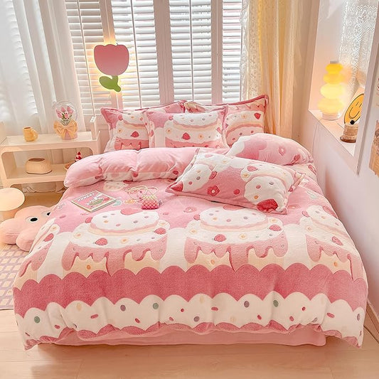 MorroMorn Twin Bedding Sets, Pink Duvet Cover Set, Kawaii Cream Cake Fluffy Comforter Covers Blanket Ultra Soft for Girls Kids Toddler Teen Women Twin/Twin XL Size