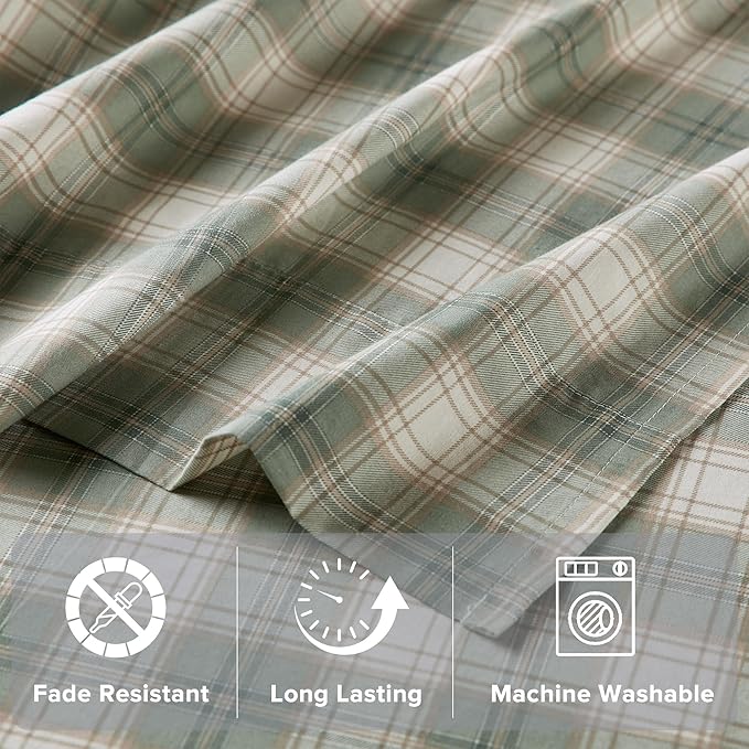 Comfort Spaces 100% Cotton Sheets King, Breathable, Naturally Cool Cotton Sheets, Soft Cotton Bed Sheets with 14" Elastic Pocket Fits up to 16" Mattress, All Seasons Sheet Set, Wesley Green 4 Piece