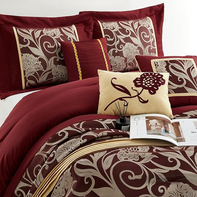 Grand Avenue Red and Gold Comforter Set California King Size, 9 Piece Jacquard Floral Bedding Set, All Season, Ultra-Soft, Matching Pillows & Shams, Bed Skirt, Curtains