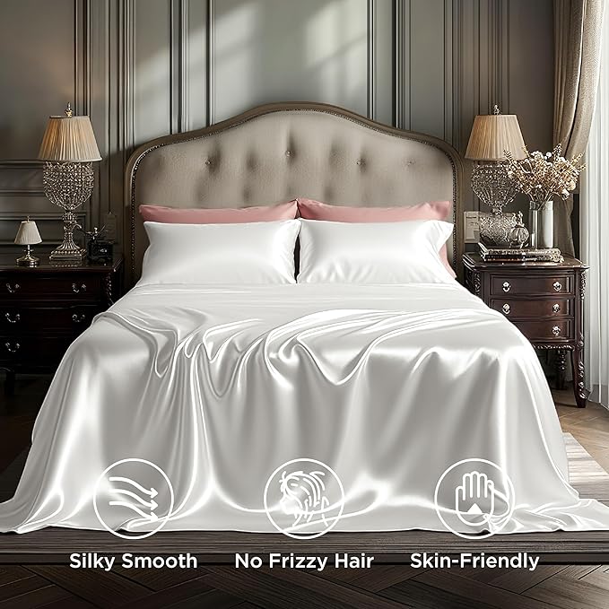 Bedsure White Satin Sheets King Size - 4 Piece Silky Bedsheets with 15 Inches Deep Pocket Fitted Bedsheet,1 Flat Sheet, 2 Satin Pillowcases, Good for Hair & Skin (King, White)