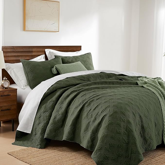 WDCOZY 100% Cotton Oversized King Quilt Set - Olive Green California Cal King Size Soft Lightweight Modern Bedspread, Farmhouse Country Rustic Coverlet, Textured Like Linen, Shabby Chic Bedding
