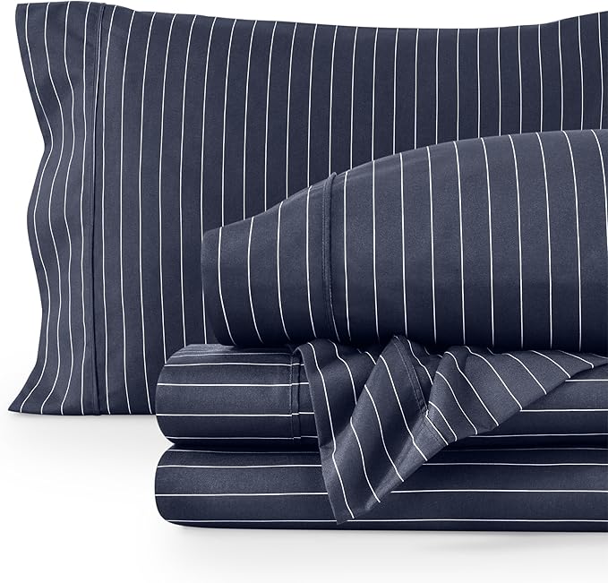 Bare Home Queen Sheet Set - Luxury 1800 Ultra-Soft Microfiber Double Brushed - Deep Pockets - Easy Fit - 4 Piece Set (Queen, Pinstripe - Midnight/White)