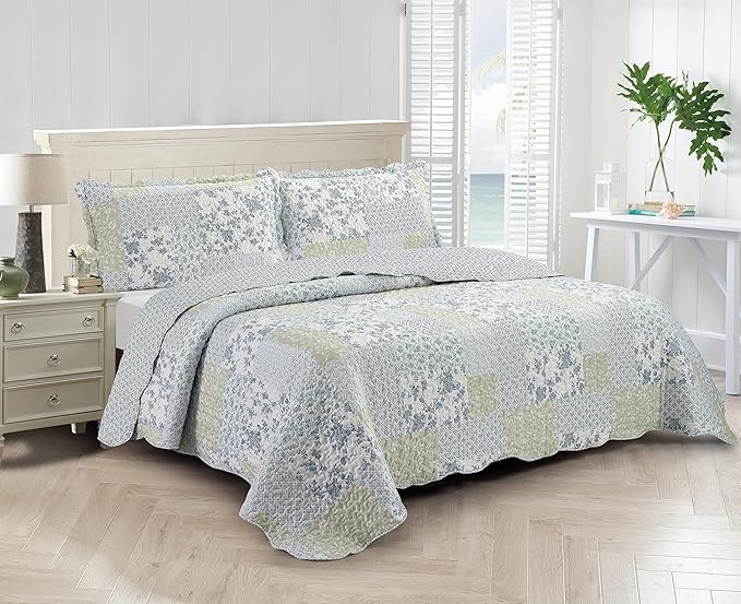 Brilliant Sunshine Multi Blue and Beige Floral Patchwork, 3-Piece Quilt Set with 2 Shams, Reversible Bedspread, Soft Lightweight Coverlet, All-Season, King, Blue White
