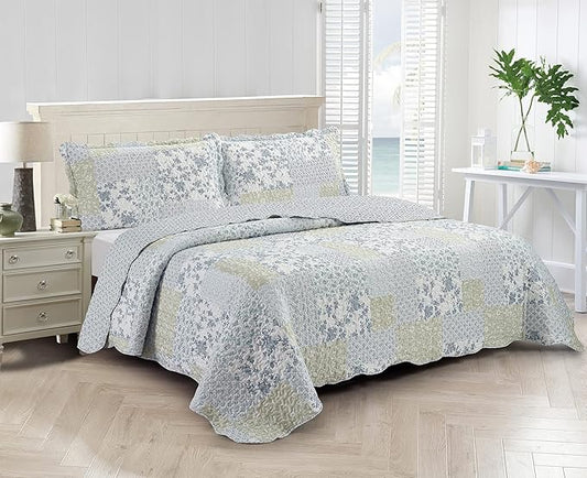 Brilliant Sunshine Multi Blue and Beige Floral Patchwork, 3-Piece Quilt Set with 2 Shams, Reversible Bedspread, Soft Lightweight Coverlet, All-Season, King, Blue White