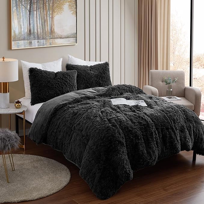 Twin Size Luxury Faux Fur Comforter Set - Soft & Breathable 5-Piece Bedding Collection - 1 Comforter, 1 Fitted Sheet, 1 Flat, 1 Pillowcase, 1 Pillow Sham - Deep Pocket - Premium Quality, Black