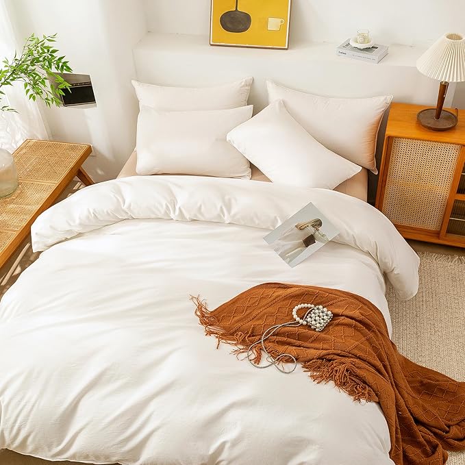 ECOCOTT White Duvet Cover King Size, 100% Washed Cotton 1 Duvet Cover with Zipper and 2 Pillowcases, Ultra Soft and Easy Care Breathable Bedding Set (White, King)