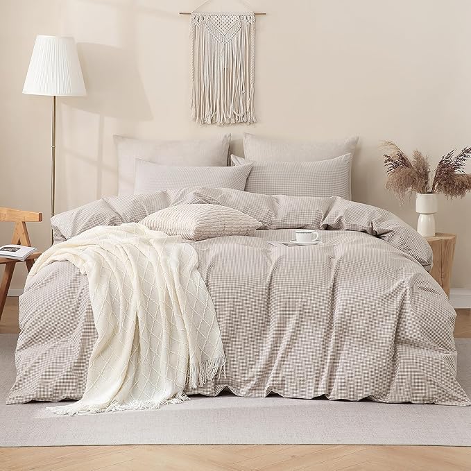 TOCOMOA Mini Gingham Tan Duvet Cover Bedding Set 100% Washed Cotton Like Linen Feel Super Soft Comfy 3 Piece Brown Small Plaid Checkered Comforter Cover Set (King 104"x90", Comforter Not Included)