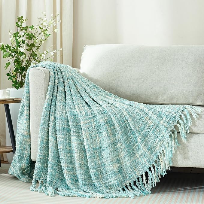 Multi-Color Turquoise Cable Knitted Throw Blanket for Couch,50"X60" Boho Style Textured Blankets for Home Decor,Super Soft Warm Cozy Chunky Knit Blanket with Decorative Tassels for Bed