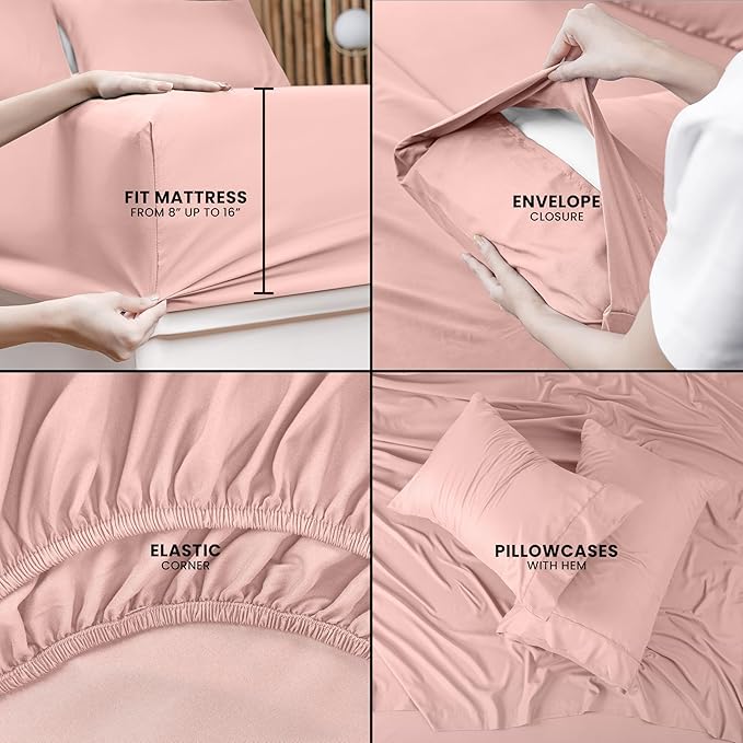Utopia Bedding Queen Size Sheet Set – 4 Piece Bed Sheets, Soft and Breathable Microfiber, Includes 1 Fitted Sheet, 1 Flat Sheet and 2 Pillowcases – Oeko Tex (Tea Pink)