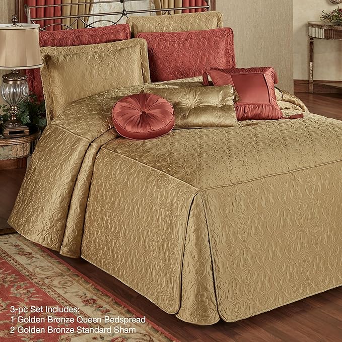 Cambridge Classic Luxury Bedding | Golden Bronze Solid Color Polyester Satin | Elaborate Damask Quilting | Fitted, Oversized 24 Inch Drop | 3 Piece Bed Set Includes Queen Bedspread & 2 Standard Shams