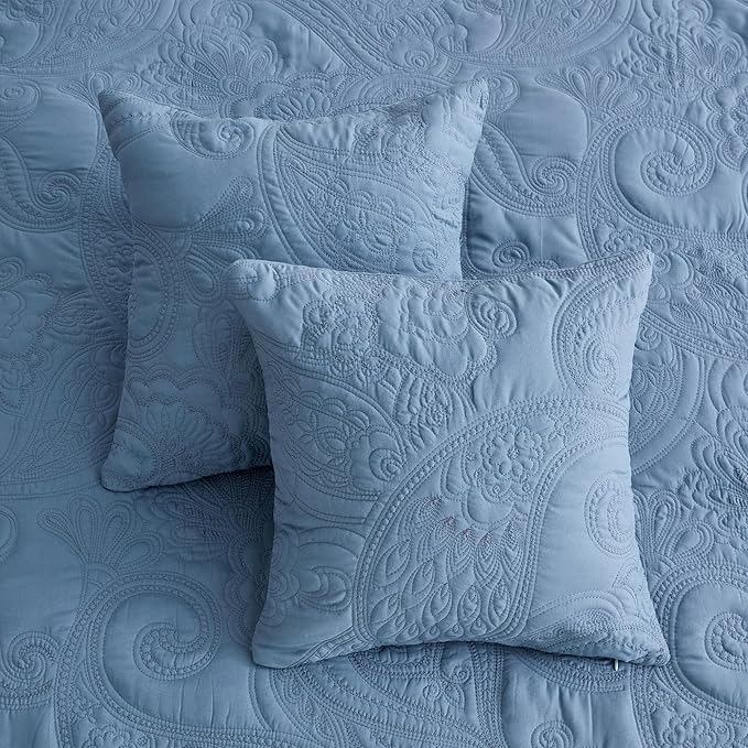 Oversized King Bedspread, Paisley Pattern Design, Lightweight Bedding Cover, Reversible, 5 Piece, 100% Microfiber, Smokey Blue
