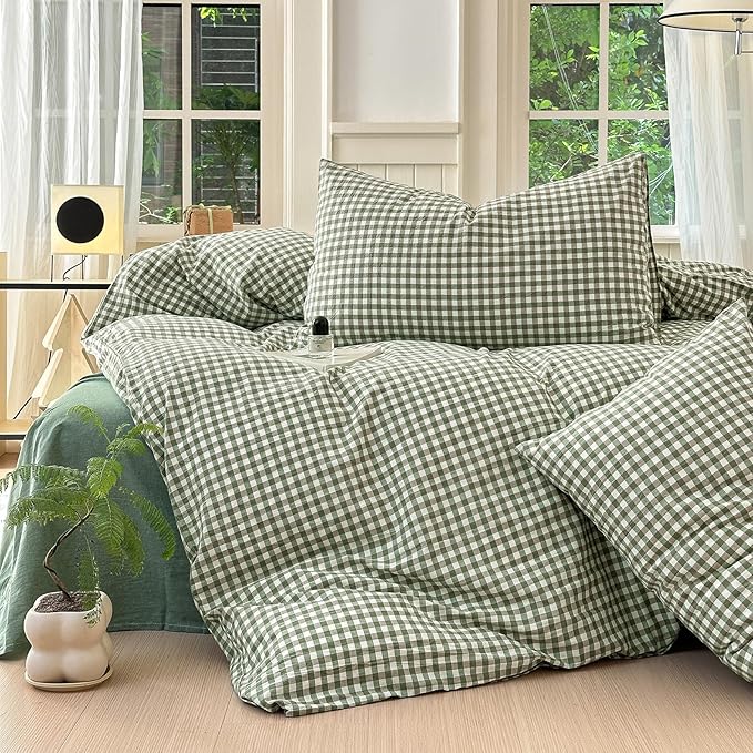 LifeTB Green Gingham Comforter Set Full Size Boho Plaid Checkered Pattern Comforter Geometric Grid Plaid Printed Bedding Comforter Set with 2 Pillowcases Fluffy Soft Gingham Bedding Set Full Size