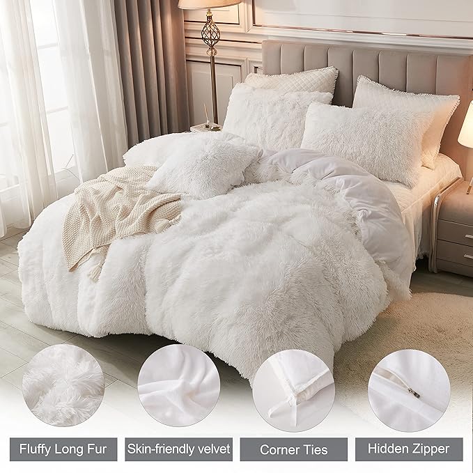 annadaif White Duvet Cover King Fluffy, Soft Faux Fur Velvet Comforter Cover, Luxury Fuzzy Plush Shaggy Bedding Sets 3 Pieces (1 Duvet Cover, 2 Pillowcases), Zipper Closure
