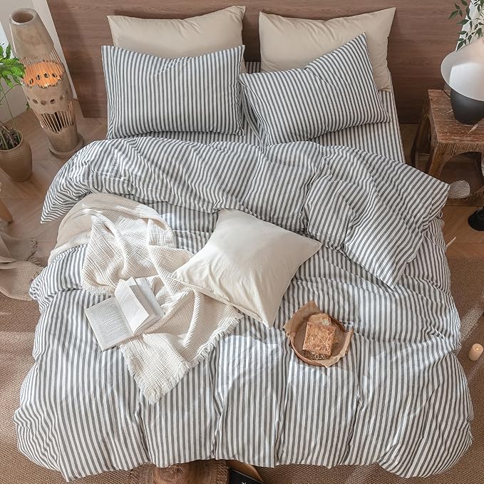 MooMee Striped Duvet Cover Set 100% Washed Cotton Linen Like Textured Breathable Durable Soft Comfy (Dark Grey White Classic Stripes, Alaska King 132"x120")