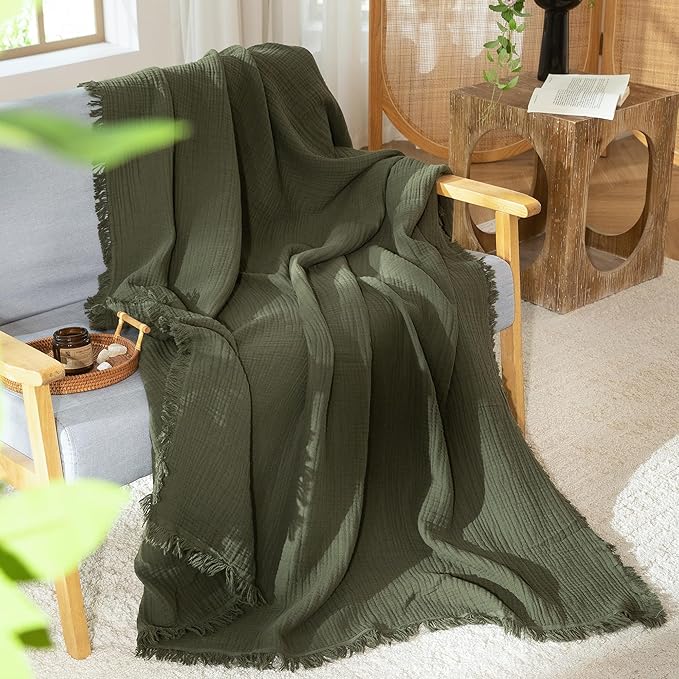 MooMee Muslin Blanket - 100% Cotton 4-Layer Gauze Throw Blanket with All-Around Fringe, Ultra-Soft Breathable Lightweight Cooling Decorative for Bed, Sofa & Couch (Olive Green,Super King 108" x 98")
