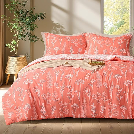 Joiedomi King Size Comforter Set Coral Orange, 3 Pieces Floral King Bedding Set with 1 Soft Reversible Botanical Comforter and 2 Pillow Shams, Bed in a Bag for All Seasons