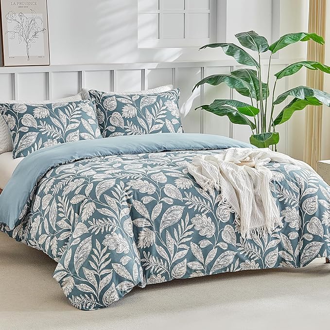 Lekesky Duvet Cover King Size, Reversible Teal Blue Floral Comforter Cover Set King Size 3pc, Soft 100% Washed Microfiber Breathable Bedding Sets with Zipper Ties and 2 Pillowcases