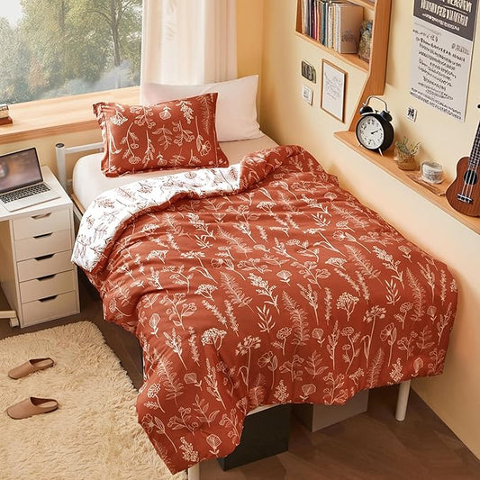 Joiedomi Twin Comforter Set Terracotta, 2 Pieces Floral Twin Bedding Set with 1 Soft Reversible Botanical Comforter and 1 Pillow Sham, Bed in a Bag for All Seasons